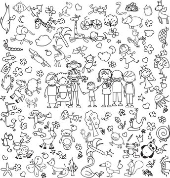 Children's drawings of doodle animals, people, flowers