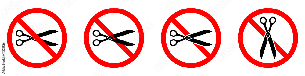 Wall mural stop or ban red round sign with scissors icon. scissors is prohibited