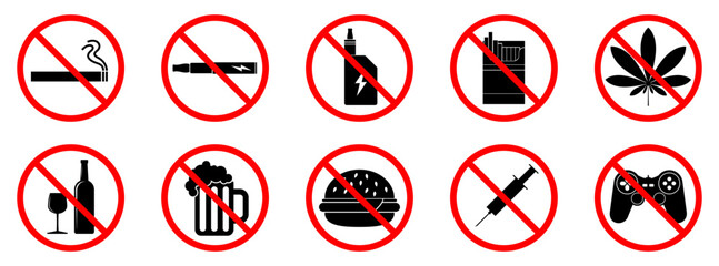 Bad habits icons. Bad habits is forbidden. Stop bad habit icon. Vector illustration.