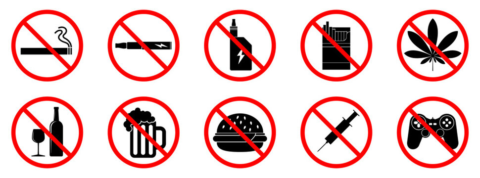 Bad habits icons. Bad habits is forbidden. Stop bad habit icon. Vector illustration.