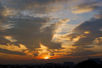 picturesque landscape of winter sunset 