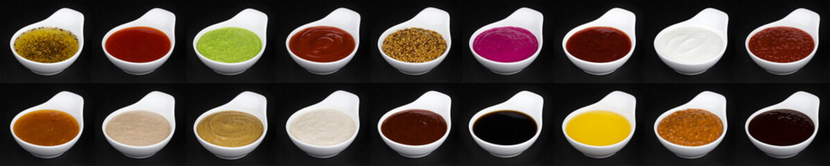Sauce collection in bowl on black background