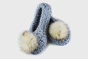 Crochet Grey Slippers with Pompoms
