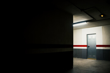 A mysterious metal door in the dark interior of a lighted garage.