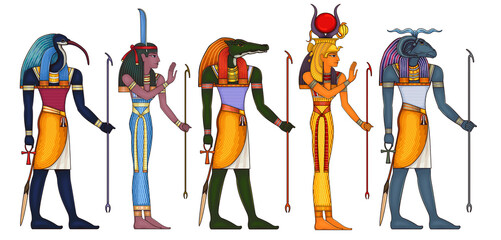 Egyptian ancient symbol.Religion icon.Egypt deiteis.Culture.Design element.Thoth.Khnum.Isis.Sobek.Nut.