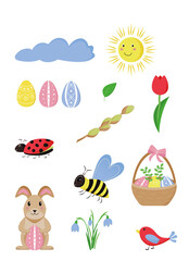 Spring set with cartoon bee, bird, ladybug, rabbit, eggs, basket, flowers. Flat elements. Vector illustration