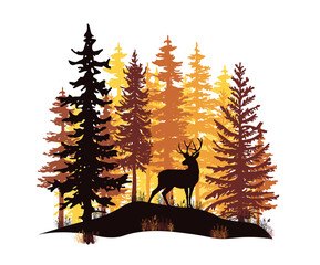 Orange and yellow sunset in coniferous forest. Deer with antlers posing on the hill covered with grass. 