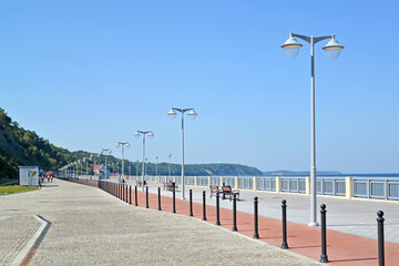 Street lights on the new promenade along the Baltic Sea coast. Svetlogorsk, Kaliningrad region