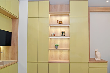 Fototapeta na wymiar Cabinet furniture in a studio room combined with a kitchen. Modern minimalism