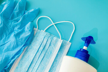 hygiene products on a blue background, protection against covid.