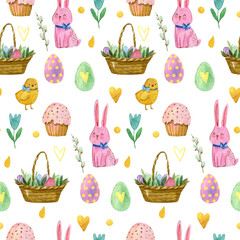 Easter seamless pattern with pink rabbit, basket with eggs, flowers and chicken on the white background.