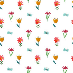 Watercolor seamless pattern with simple flowers on white background.