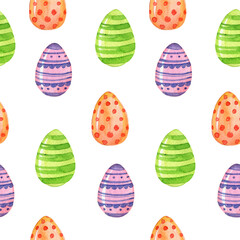 Watercolor seamless pattern with easter eggs. Orange, green, violet colors. 