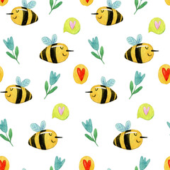Watercolor hand drawing pattern with cute bee, flowers,  hearts on white background.Seamless pattern in kids simple style. 