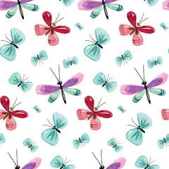 Watercolor hand drawing pattern with cute pastel colors butterflies on white background.Simple kids style.