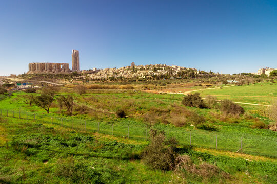 Hdr image of the gazelle valley in winter, against the background of the buildings of neighborhoods in Jerusalem