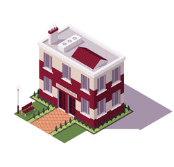 Isometric educational building. Architecture of modern city historic educational icon. Public library, university school or government. Vector isometric icon or infographic element. High detalied