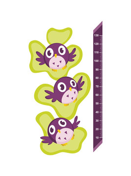 Wall meter with good birds with big eyes. Sticker for measuring height kids. Funny vector cartoon illustration for children
