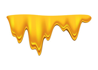 Honey dripping on white background. Golden flow syrup, caramel flowing or liquid melt template. Colorful delicious honey drops