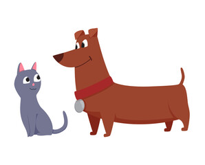 Cats and dog characters best happy friends. Together spending time isolated on white background. Funny flat cartoon colorful friendship pets. Vector illustration