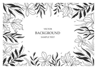 Floral vector template with leaves, plants for greeting card. Silhouette of abstract natural elements. Vector plant print for holiday poster, background, cover, banner, invitation. Trendy design.