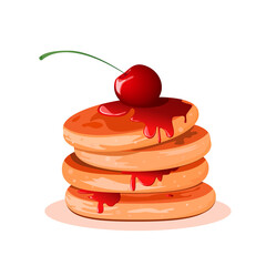 Juicy pancakes drizzled with jam and garnished with cherries. Vector Illustration of Pancakes with Maple Syrup and Butter