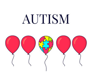 Autism awareness poster with a set of red balloons and one colourful balloon made of puzzle pieces. Social interaction and communication disorder. Support symbol. Medical concept. Vector illustration.
