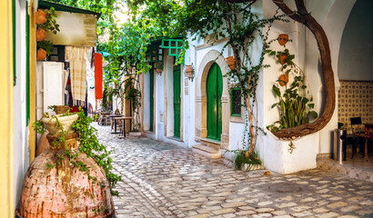 Fototapeta na wymiar One of beautiful streets of medina in Mahdia. Tunisia