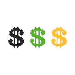 Icons of dollar sign. Dollar three colors black green yellow, vector illustration on white background 