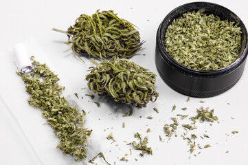grinder full of dry herb and joint with medical marijuana with paper filter and piece of rolling paper on white background