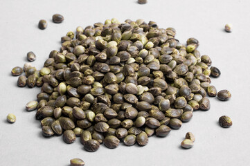hemp seeds  macro image on white background