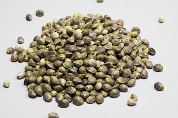 hemp seeds  macro image on white background