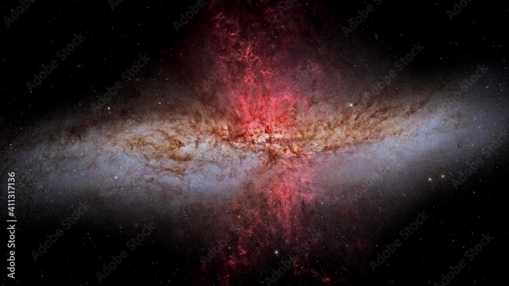 Wall mural approaching to spectacular galaxy rotating in outer space with jet explosion red dust and animated s