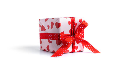 Gift box with red ribbon and hearts isolated on white background.