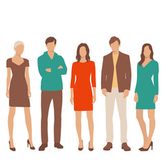  Set of young men and women, different colors, cartoon character, group of silhouettes of standing business people, students, the design concept of flat icon, isolated on white background