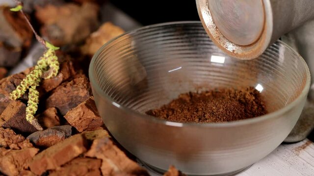 Grinding of natural chaga mushroom with chaga pieces on a white background. A pile of chopped chaga mushroom, close up. Inonotus Obliquus. 