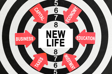 On the target, arrows with business lettering point to the center on a business card with the inscription - NEW LIFE