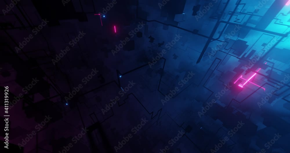 Poster dark futuristic city or virtual reality with lightning neon high tech lines. abstract video game cam
