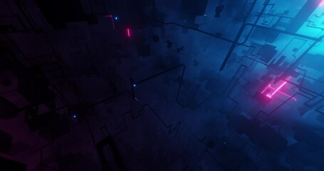 Dark futuristic city or virtual reality with lightning neon high tech lines. Abstract video game camera motion. Dark web and internet connection visual. dangerous travel. 3D render, 4K loop - Powered by Adobe