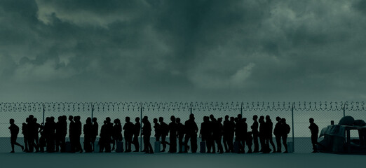 Refugees and immigrants looking for a new life expectancy. Column of migrants near the state borders. Fence and barbed wire. Surveillance, supervised. Abandon their lands for a better future.