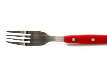 Tenedor rojo aislado en blanco