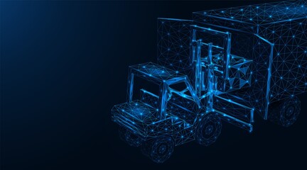 A forklift truck loads a crate of goods into a truck. Transport cargo transportation. Low-poly construction of lines and dots.Blue background.