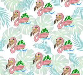 Tropical flamingos.Cute pink flamingo girl on white background, illustration, seamless background.