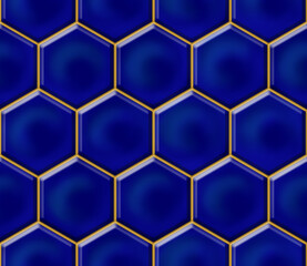 Obraz premium Blue tiles. Rendering seamless pattern for ceramic tiles for 3D project. Tile design for bathroom and kitchen. Hexagonal. Geometric decor. Fashionable color combinations. Trends.