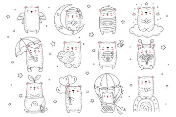 Vector collection of line drawing cute bears. Doodle illustration. Holidays, baby shower, birthday, children's party, greeting cards, nursery decoration