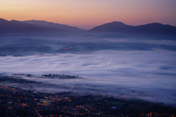 Foggy morning view of Terni before the sunrise, Umbria, Italy