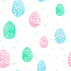 Easter seamless pattern with pink, green and blue eggs. 