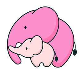 illustration of cute pink elephant mom and child isolated on white background
