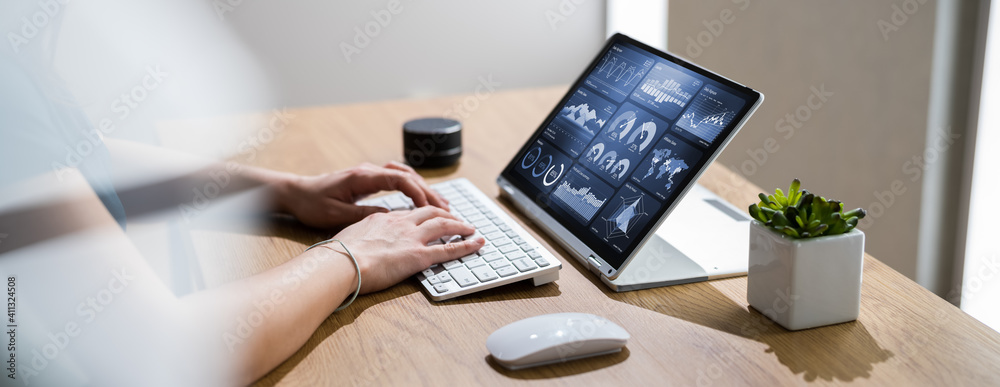Poster kpi analytics dashboard on business laptop