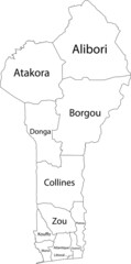 White vector map of Benin with black borders and names of it's departments